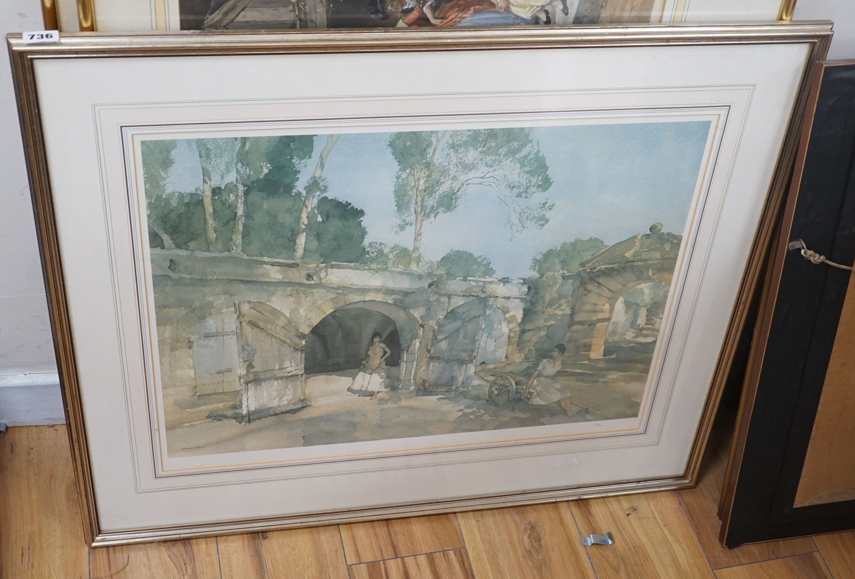Sir William Russell Flint - colour print - 'Spanish courtyard with two women at a gateway', 46 cm X 62 cm